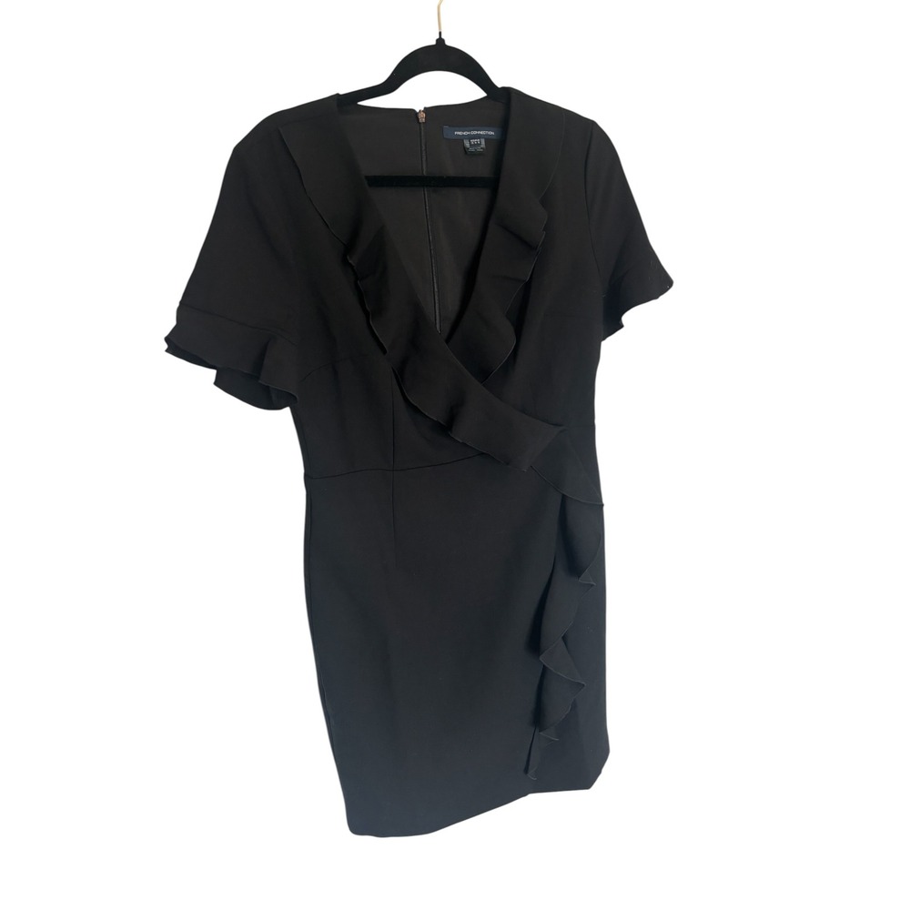 French Connection Black Ruffle V-Neck Sheath Mini Dress Womens Size 8